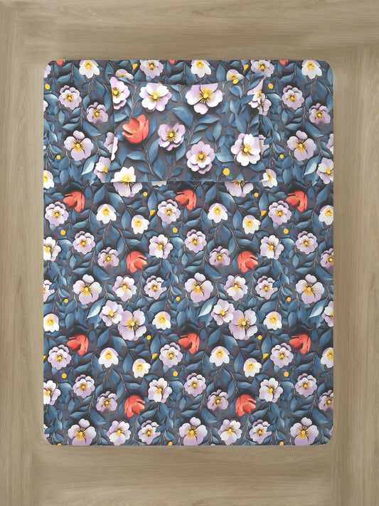 Blue Floral 7D Cotton Blend Fitted Single Bedsheet with Pillow Cover