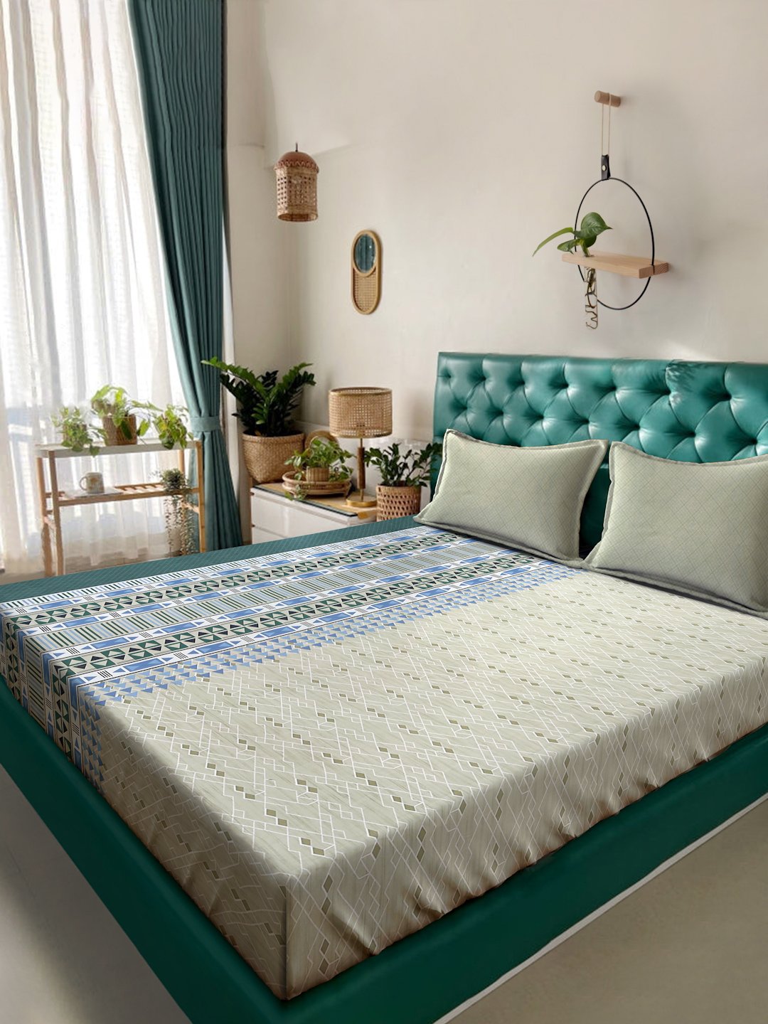 Olive Geometric 400 TC Pure Cotton Super King Double Bedsheet with 2 Pillow Covers