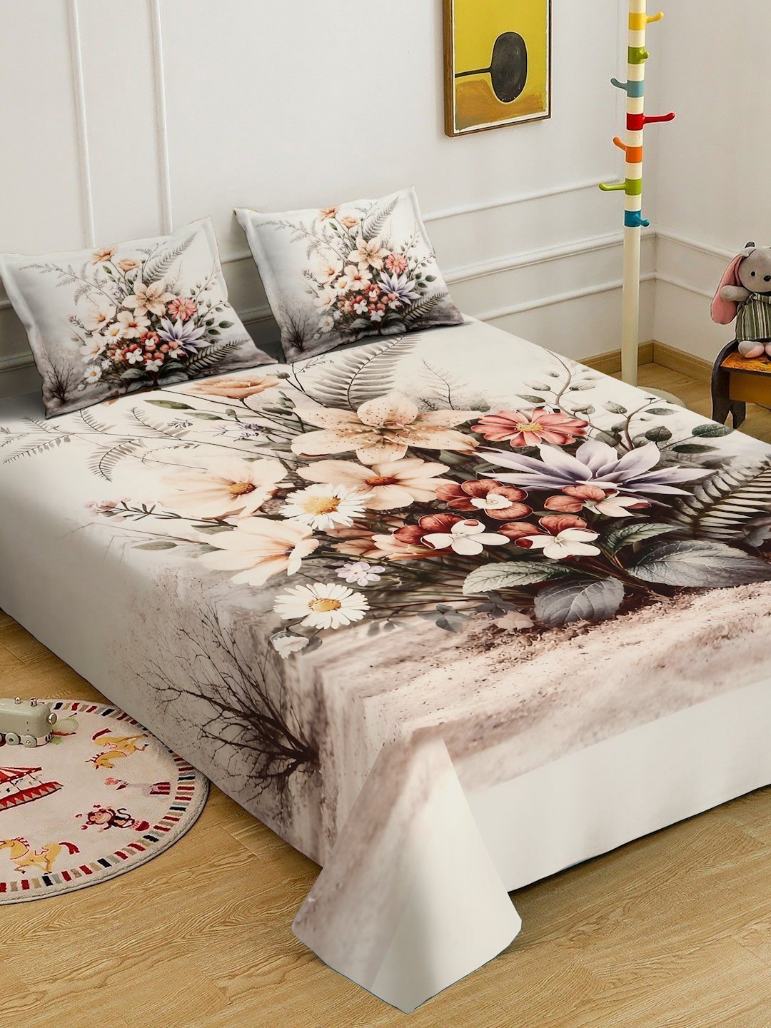 Multi Digital Floral Printed Cotton Blend Double Bedsheet with 2 Pillow Covers