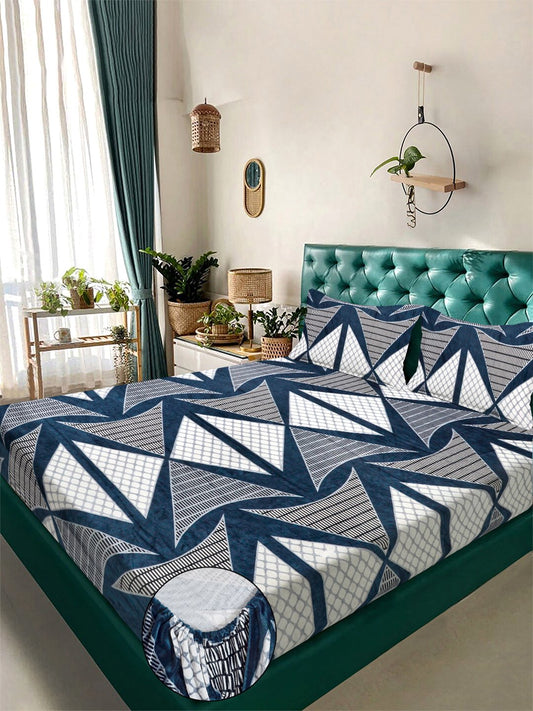 Blue Geometric Super King Woolen Fitted Double Bedsheet with 2 Pillow Covers