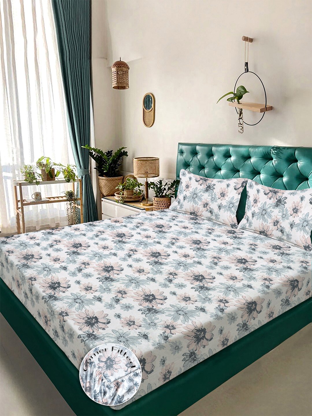 White Floral 300 TC Cotton Blend Fitted Double Bedsheet with 2 Pillow Covers