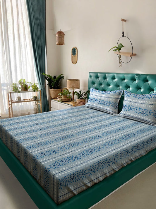 Blue Floral 400 TC Pure Cotton Double Bedsheet with 2 Pillow Covers