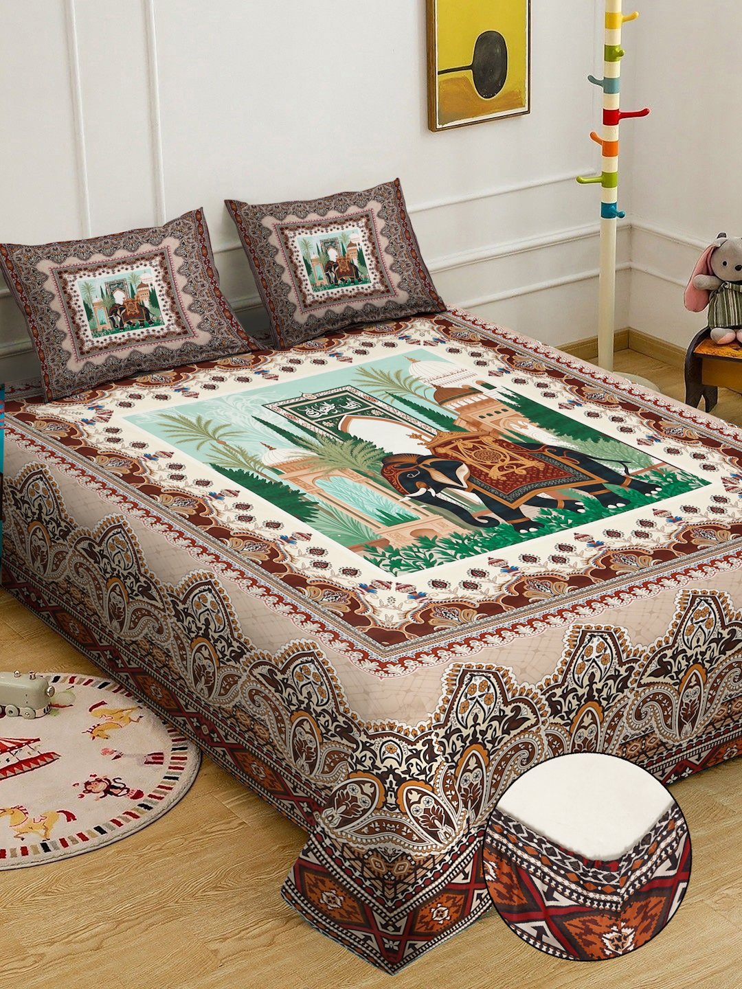 Multi Digital Ethnic Motifs Printed Cotton Blend Fitted Double Bedsheet with 2 Pillow Covers