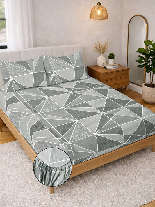 Grey Geometric Cotton Blend Fitted Double Bedsheet with 2 Pillow Covers