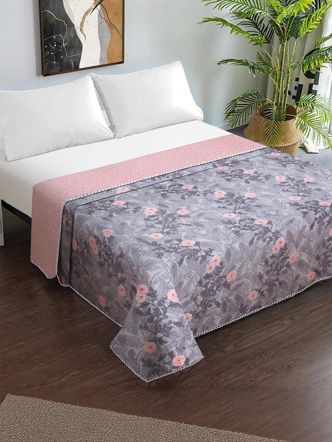 Blue Cotton Blend Floral Double Bed Dohar