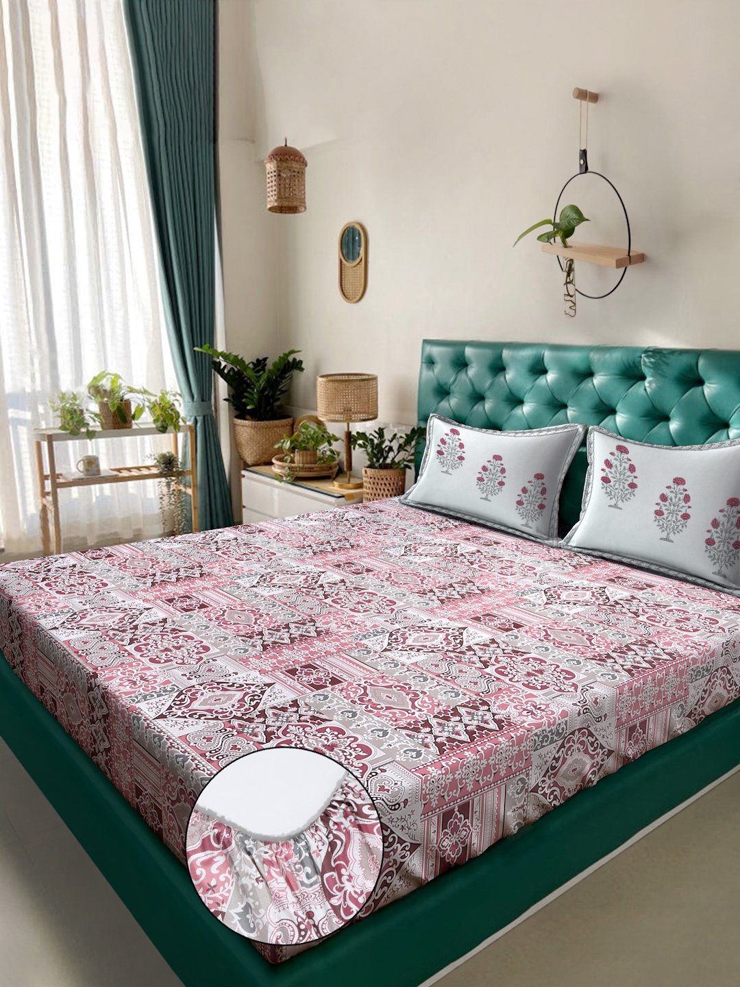 Red Ethnic Motifs 400 TC Pure Cotton Super King Fitted Double Bedsheet with 2 Pillow Covers