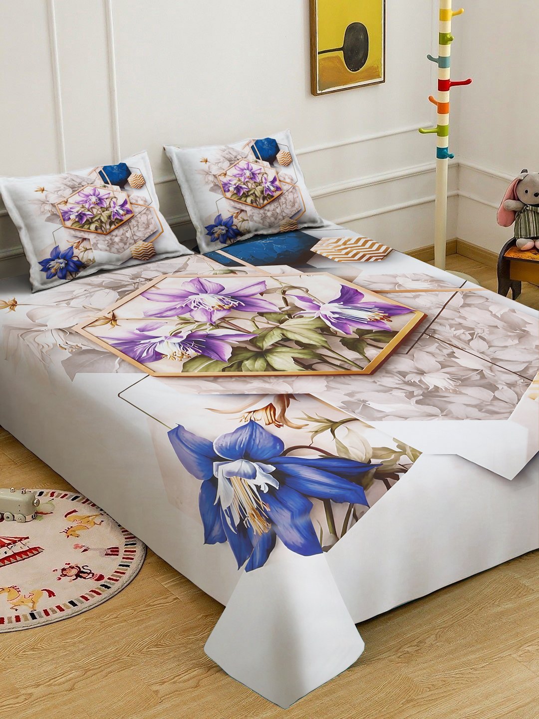 Multi Digital Floral Printed Cotton Blend Double Bedsheet with 2 Pillow Covers
