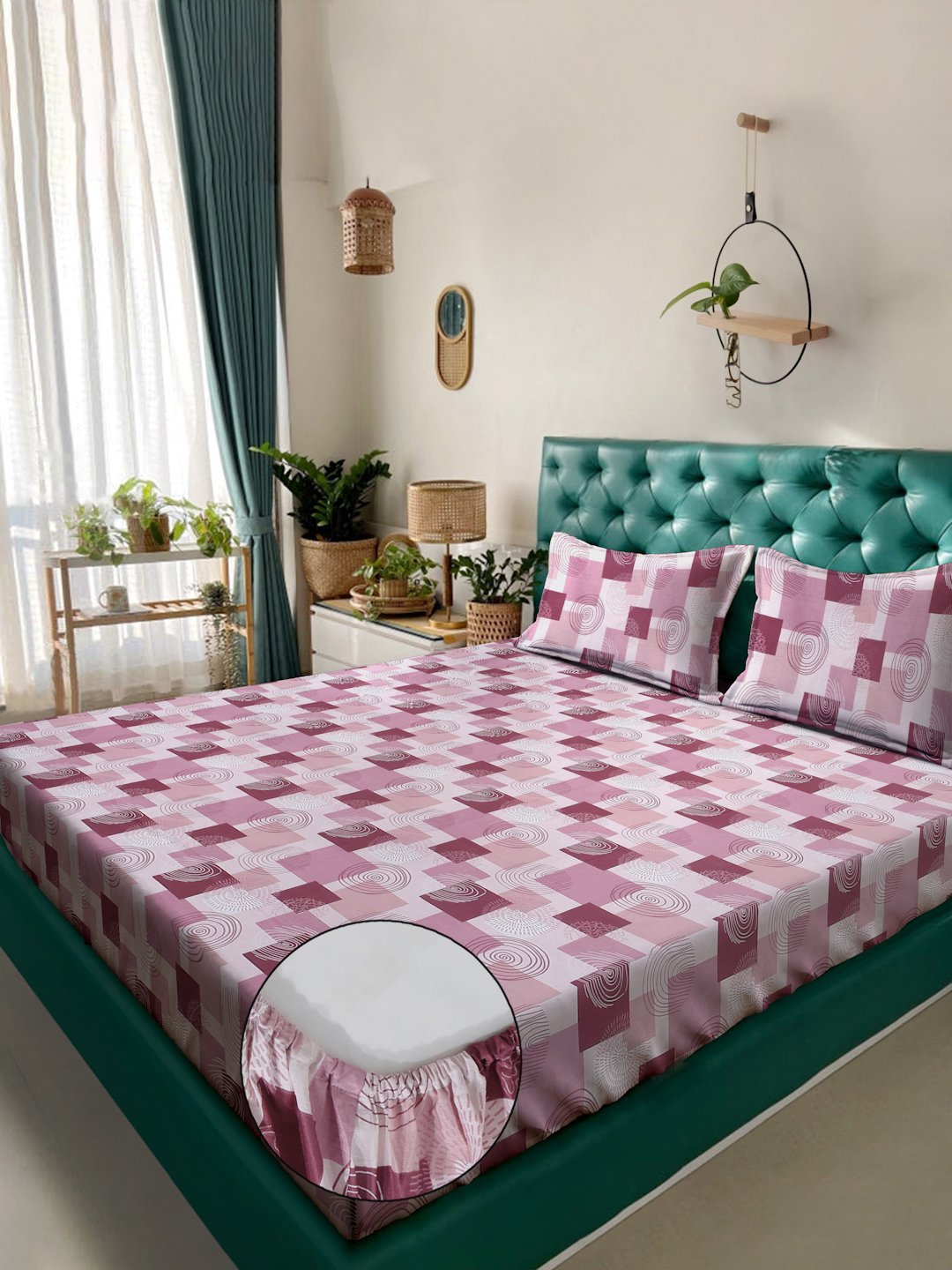 Pink Geometric 400 TC Pure Cotton Fitted Double Bedsheet with 2 Pillow Covers