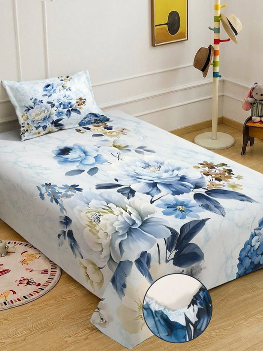 Blue Digital Floral Printed Cotton Blend Fitted Single Bedsheet with Pillow Cover