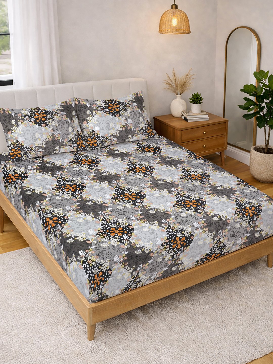 Grey Floral Cotton Blend Double Bedsheet with 2 Pillow Covers