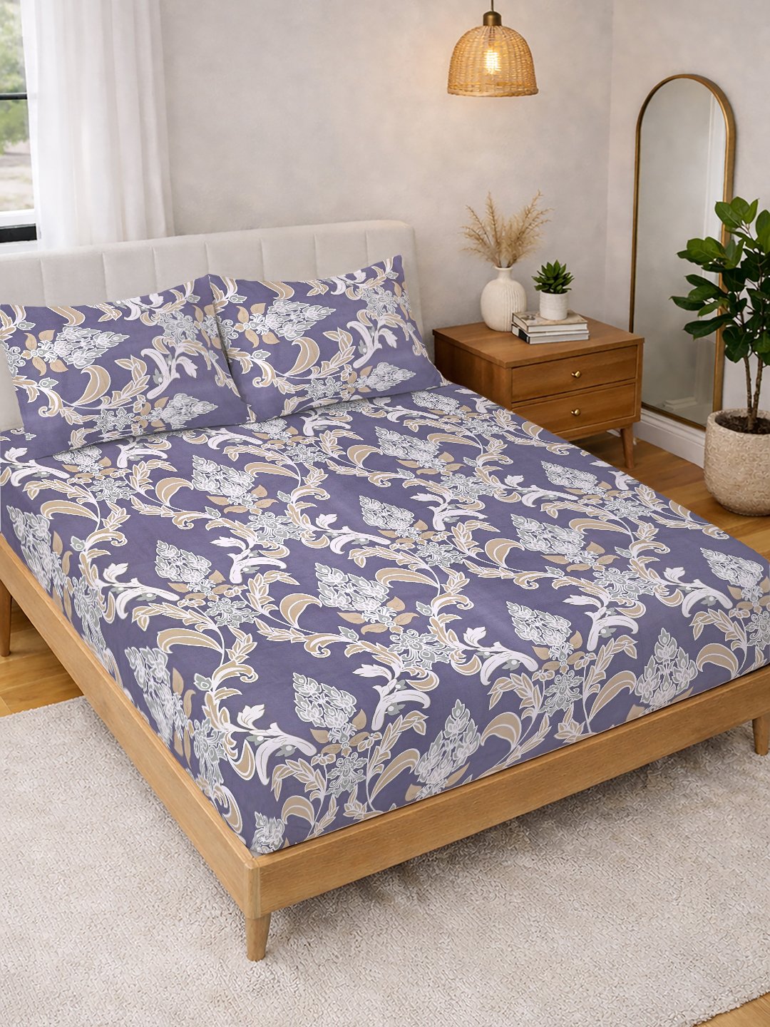 Purple Floral Cotton Blend Double Bedsheet with 2 Pillow Covers