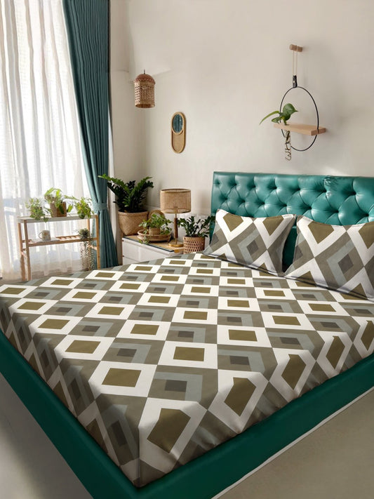 Multi Geometric  300 TC Cotton Blend Fitted Double Bedsheet with 2 Pillow Covers
