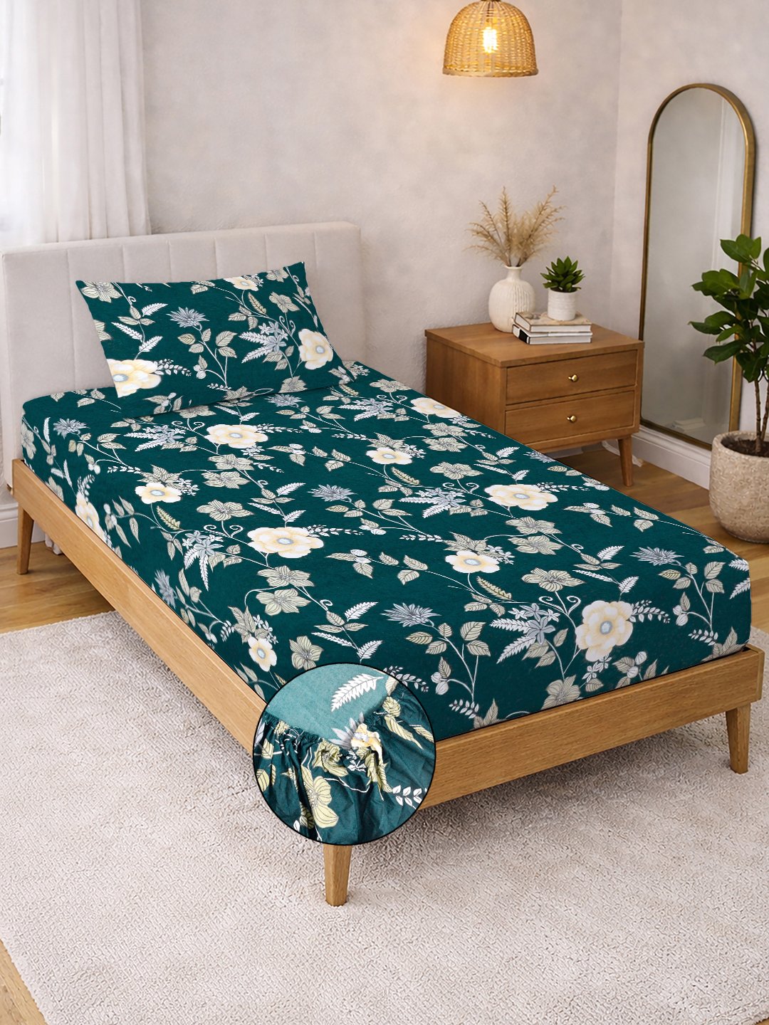Green Floral Cotton Blend Fitted Single Bedsheet with Pillow Cover