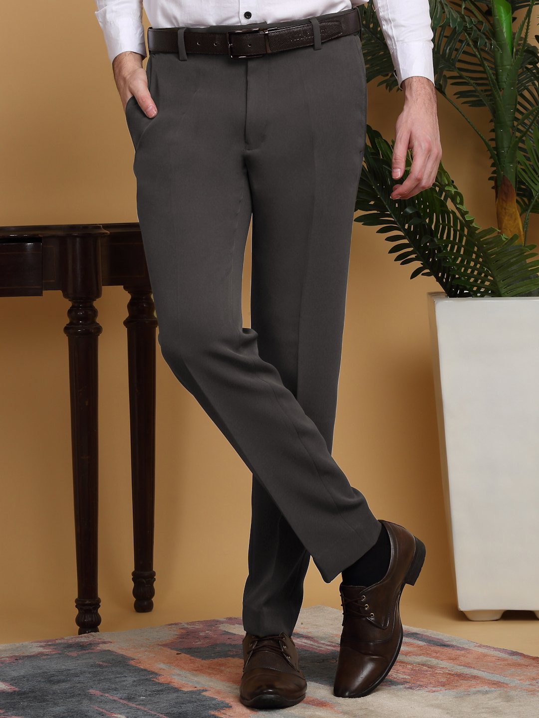 Brown Lycra Cotton Elastic Solid Slim Fit Formal Trouser