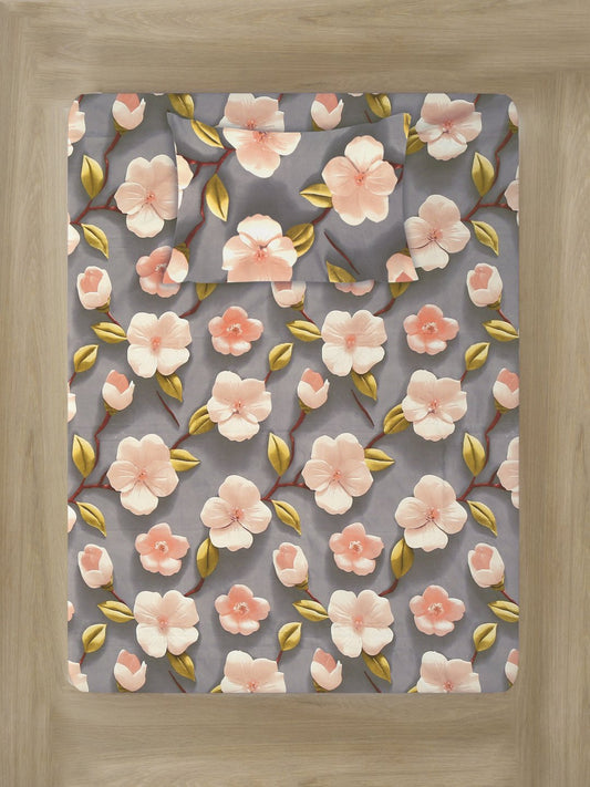 Grey Floral 7D Cotton Blend Fitted Single Bedsheet with Pillow Cover