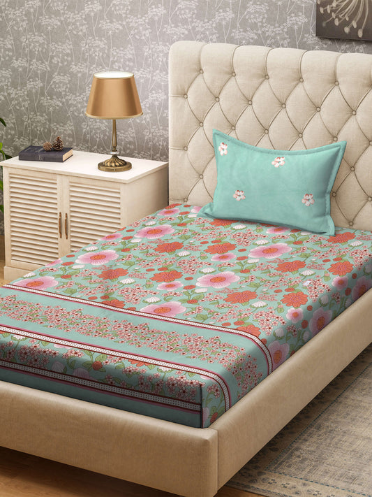 Klotthe Multi Floral 300 TC Cotton Blend Single Bedsheet with Pillow Cover