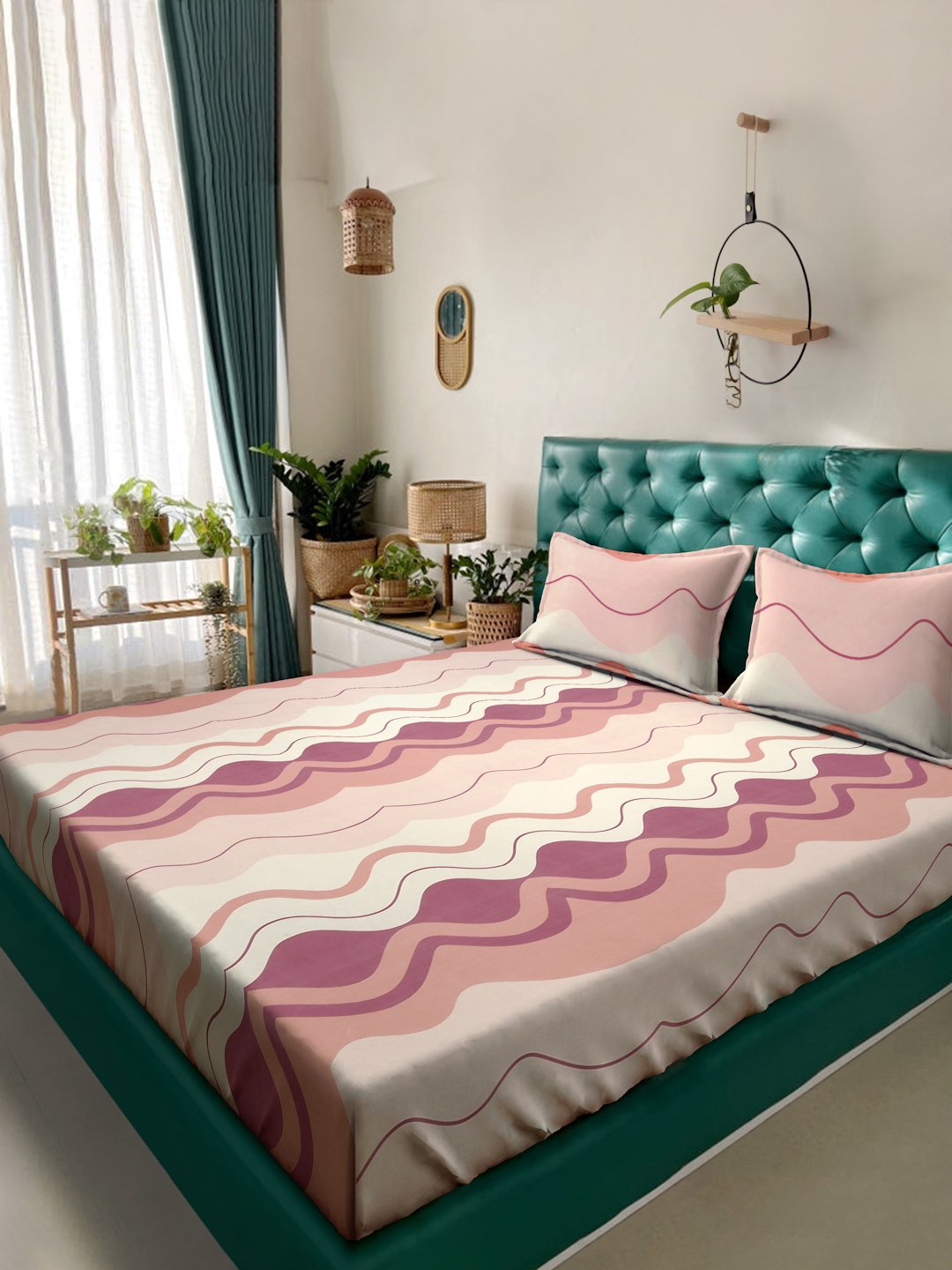 Multi Abstract  300 TC Cotton Blend Fitted Double Bedsheet with 2 Pillow Covers