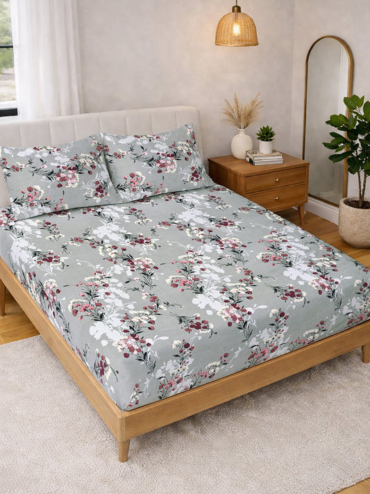 Grey Floral Cotton Blend Double Bedsheet with 2 Pillow Covers