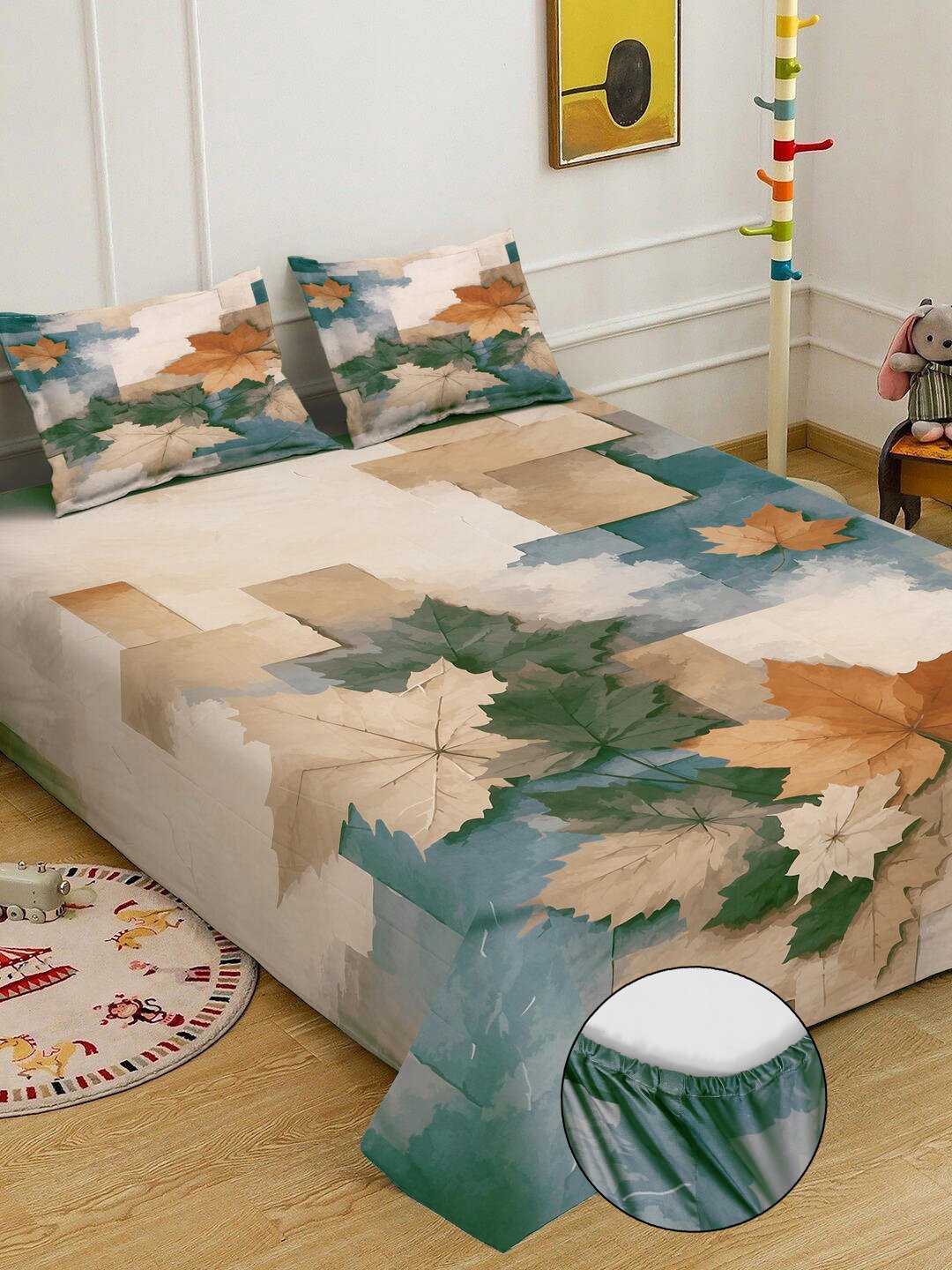 Beige Digital Geometric Printed Fitted Cotton Blend Double Bedsheet with 2 Pillow Covers