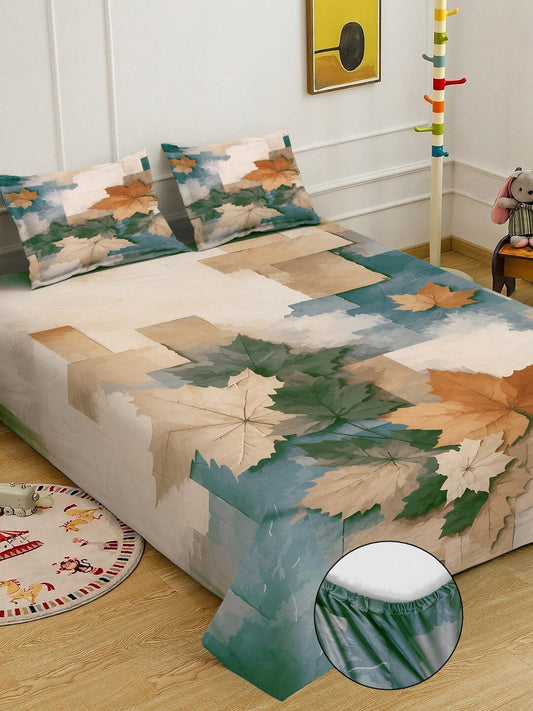 Beige Digital Geometric Printed Fitted Cotton Blend Double Bedsheet with 2 Pillow Covers