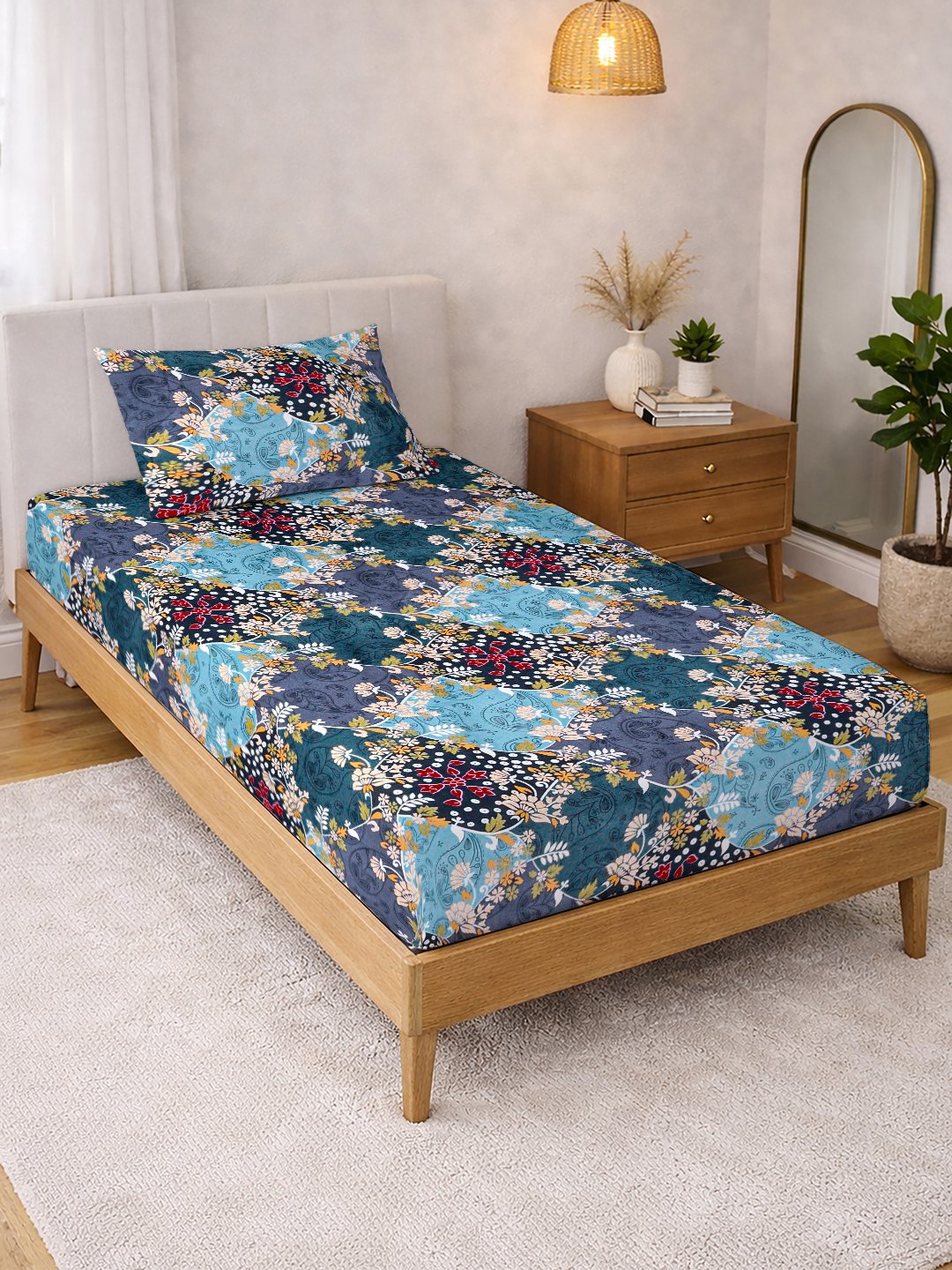 Blue Floral Cotton Blend Single Bedsheet with Pillow Cover