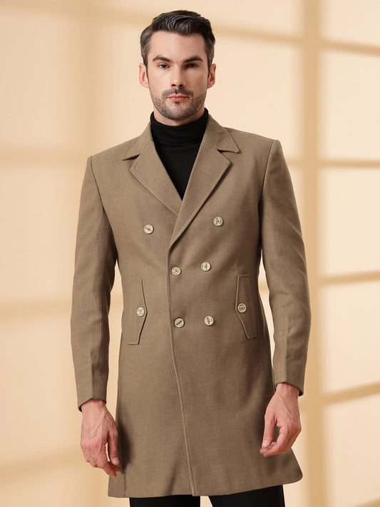 Brown Long Sleeve Double-Breasted Woolen Coat