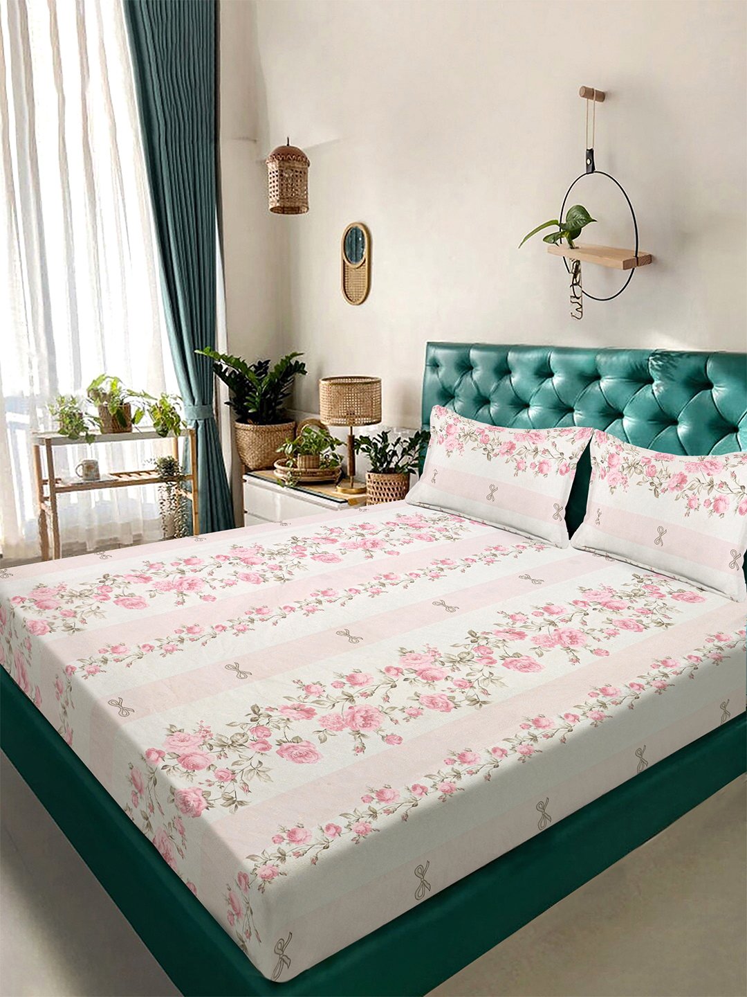 Pink Floral 300 TC Cotton Blend Double Bedsheet with 2 Pillow Covers