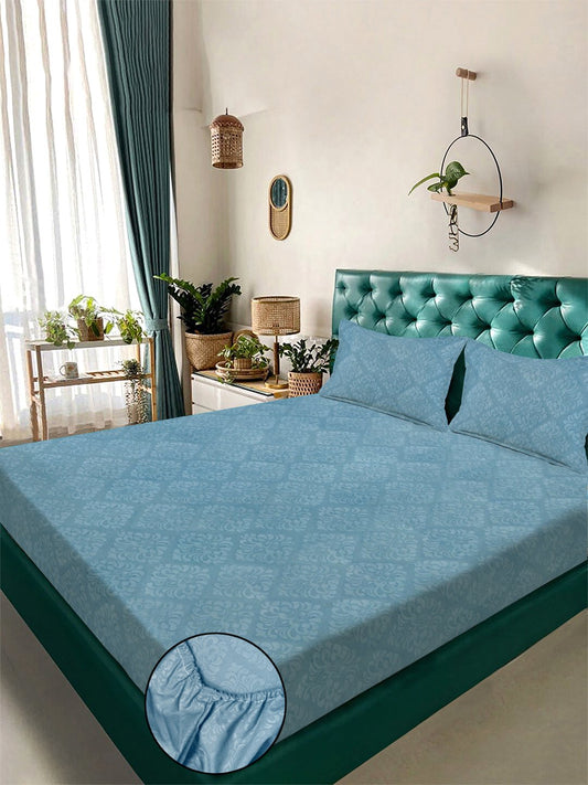 Turquoise Floral Embossed Cotton Blend Fitted Double Bedsheet with 2 Pillow Covers
