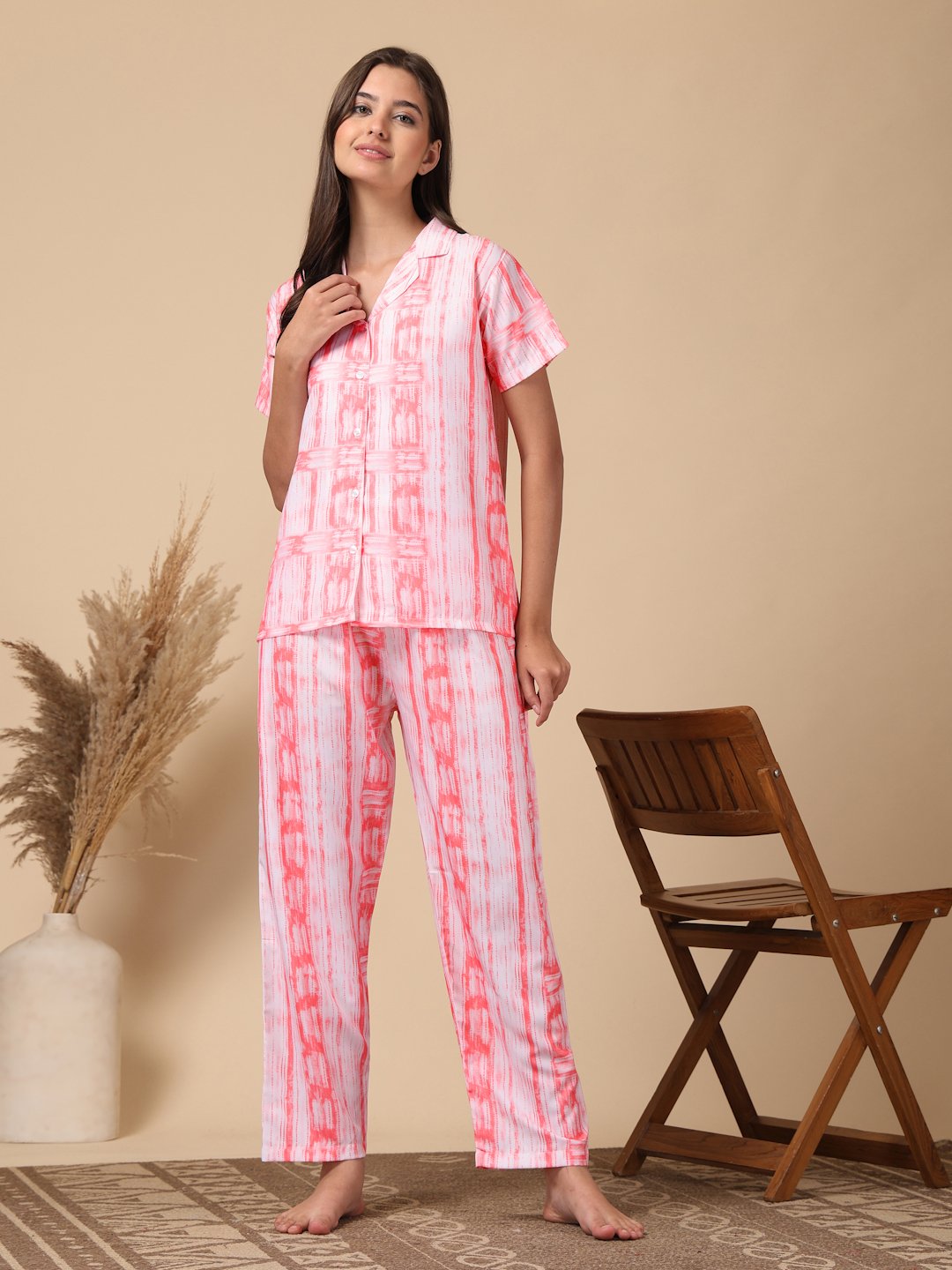 Red Striped Cotton Blend Women Night Suit