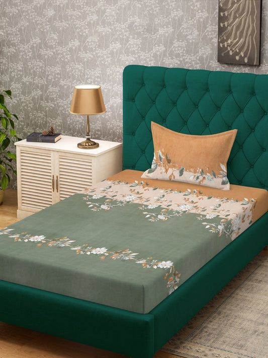 Green Floral 300 TC Cotton Blend Fitted Single Bedsheet with Pillow Cover