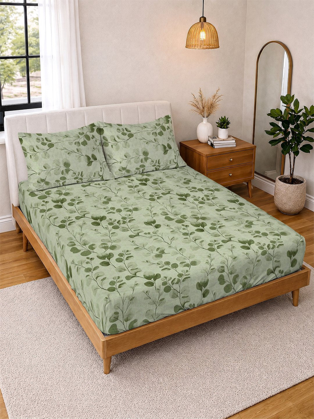 Green Floral Cotton Blend Double Bedsheet with 2 Pillow Covers