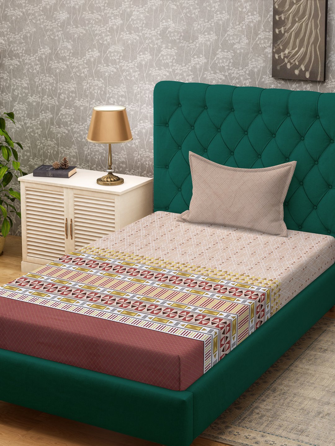 Beige Ethnic Motifs 400 TC Pure Cotton Single Bedsheet with Pillow Cover