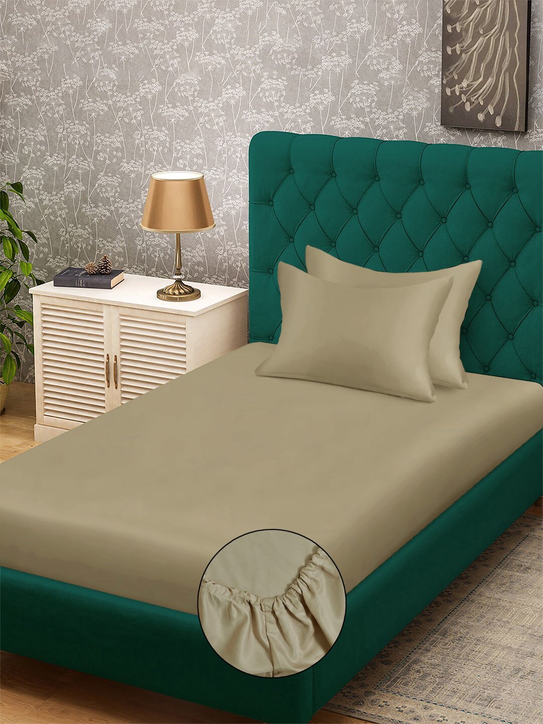 Beige Solid 300 TC Cotton Blend Fitted Single Bedsheet with 2 Pillow Covers