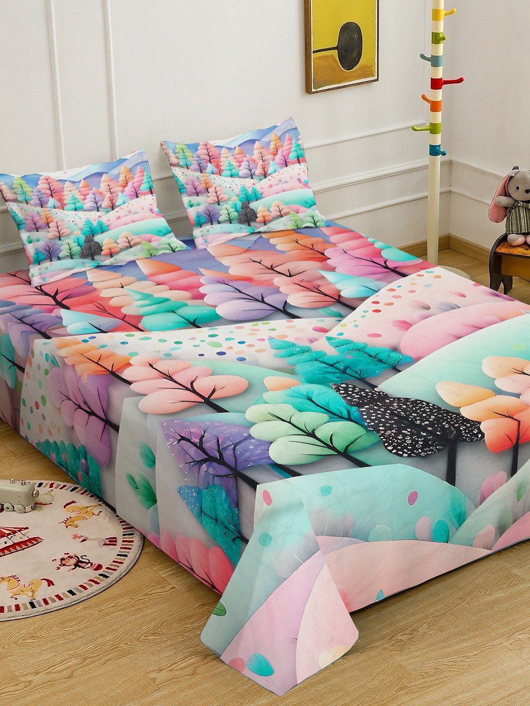 Multi 7D Floral Printed Cotton Blend Double Bedsheet with 2 Pillow Covers