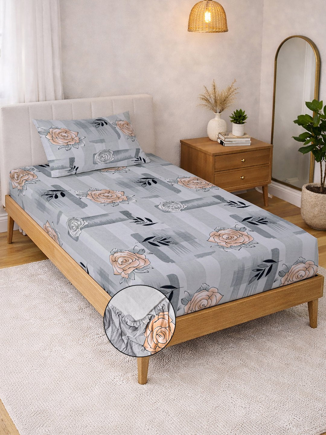 Grey Floral Cotton Blend Fitted Single Bedsheet with Pillow Cover