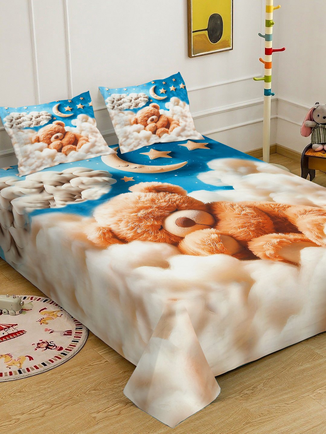 Multi 7D Cartoon Characters Printed Cotton Blend Double Bedsheet with 2 Pillow Covers