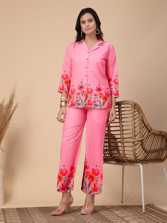 Pink Cotton Printed Shirt With Trousers Co-Ords Set