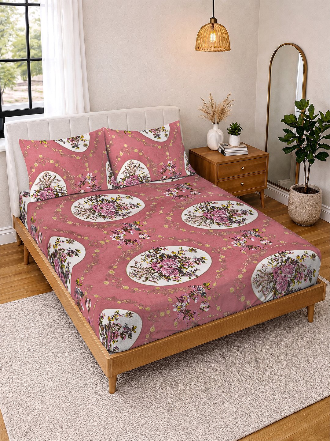 Rust Floral Cotton Blend Double Bedsheet with 2 Pillow Covers