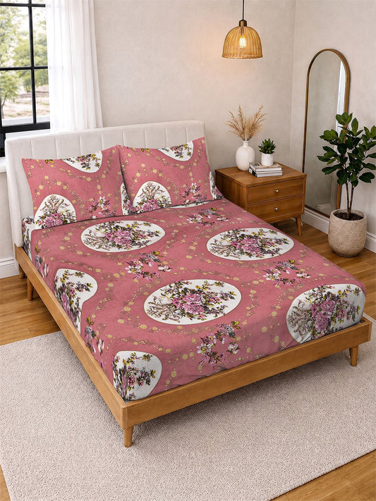 Rust Floral Cotton Blend Double Bedsheet with 2 Pillow Covers