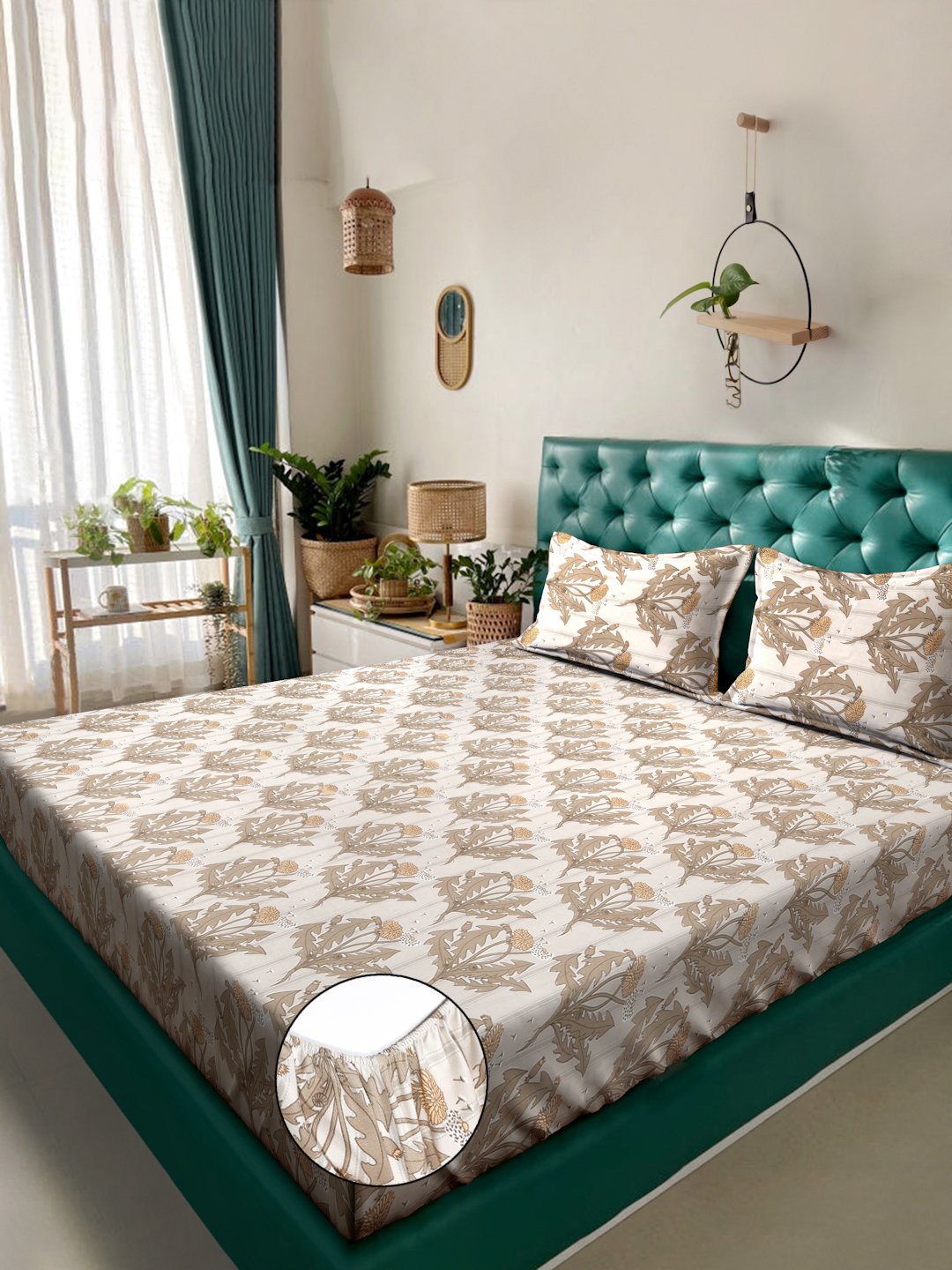 Beige Floral 300 TC Cotton Blend Fitted Super King Double Bedsheet with 2 Pillow covers
