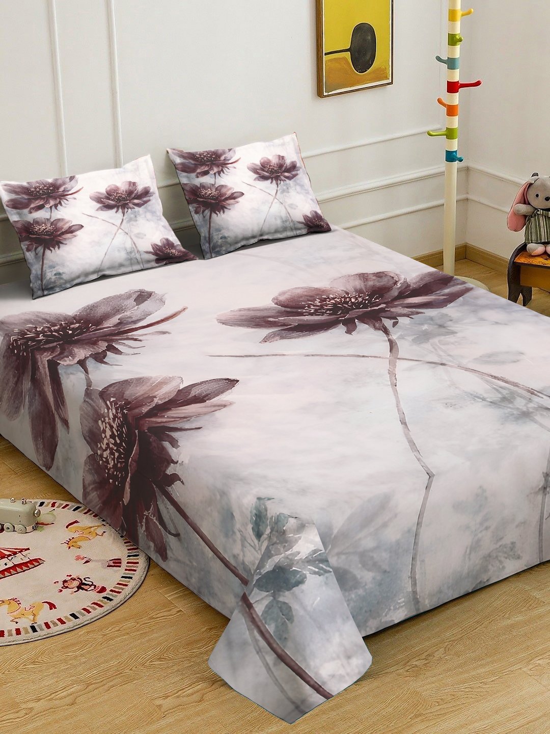 Multi Digital Floral Printed Cotton Blend Double Bedsheet with 2 Pillow Covers