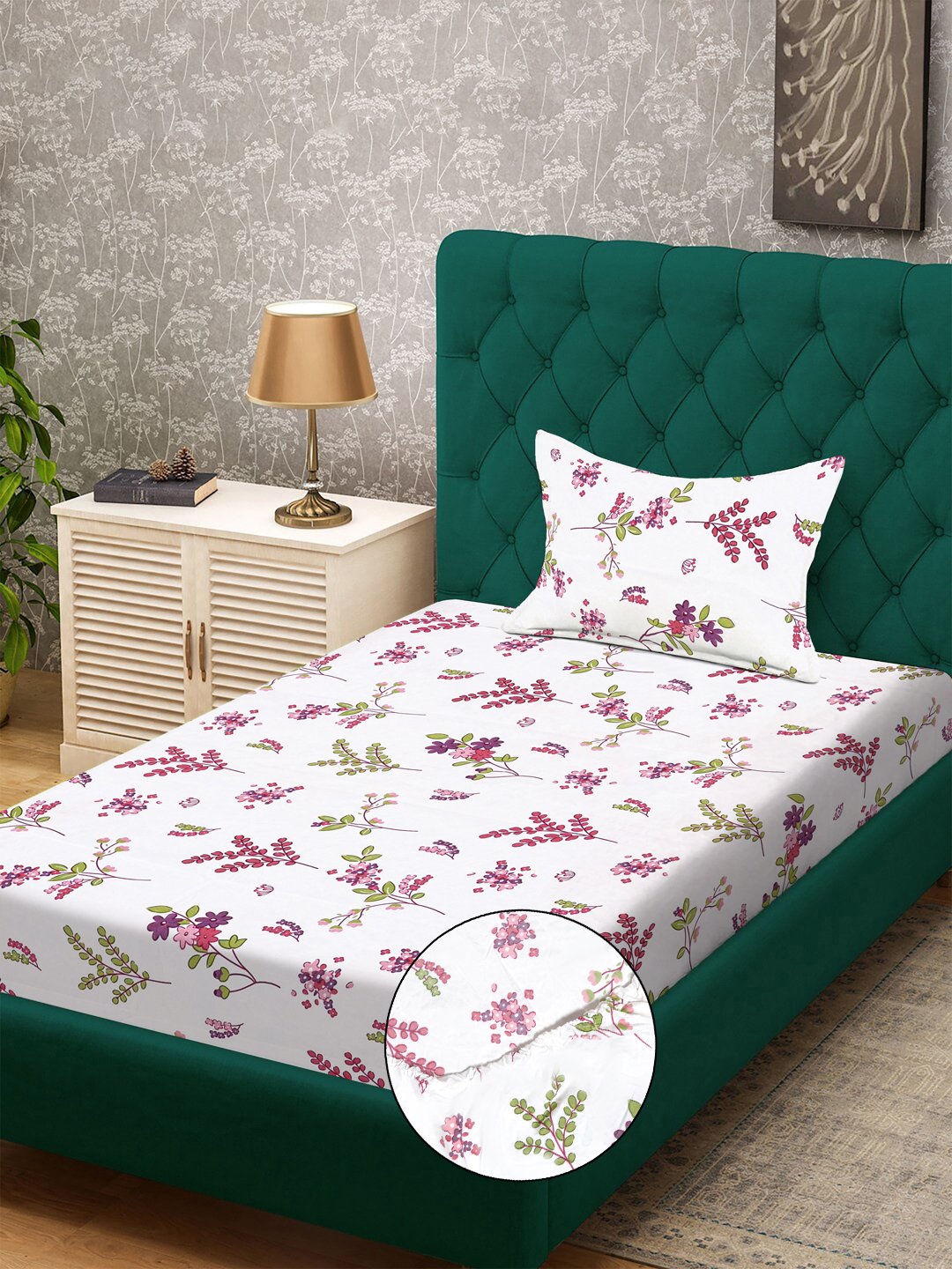 White Floral 300 TC Cotton Blend Fitted Single Bedsheet with Pillow Cover
