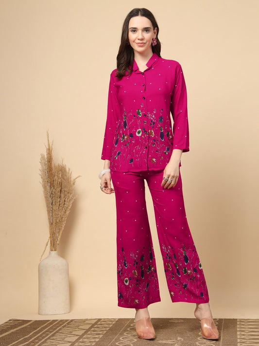 Pink Cotton Printed Shirt With Trousers Co-Ords Set