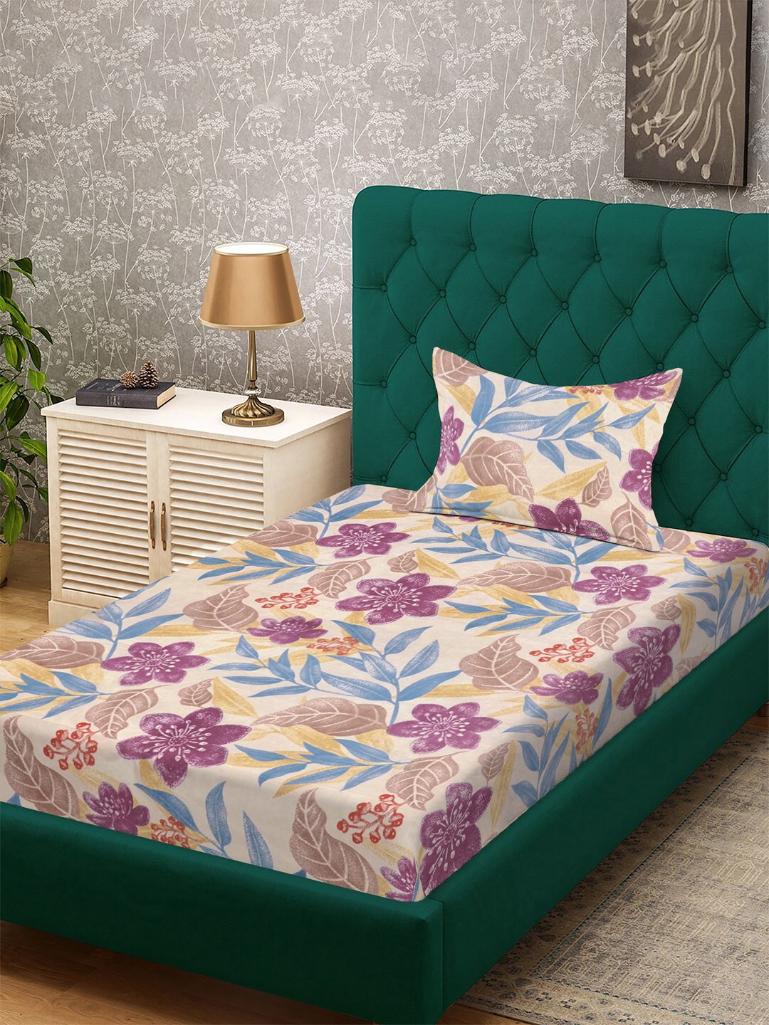 Multi Floral 300 TC Cotton Blend Fitted Single Bedsheet with Pillow Cover