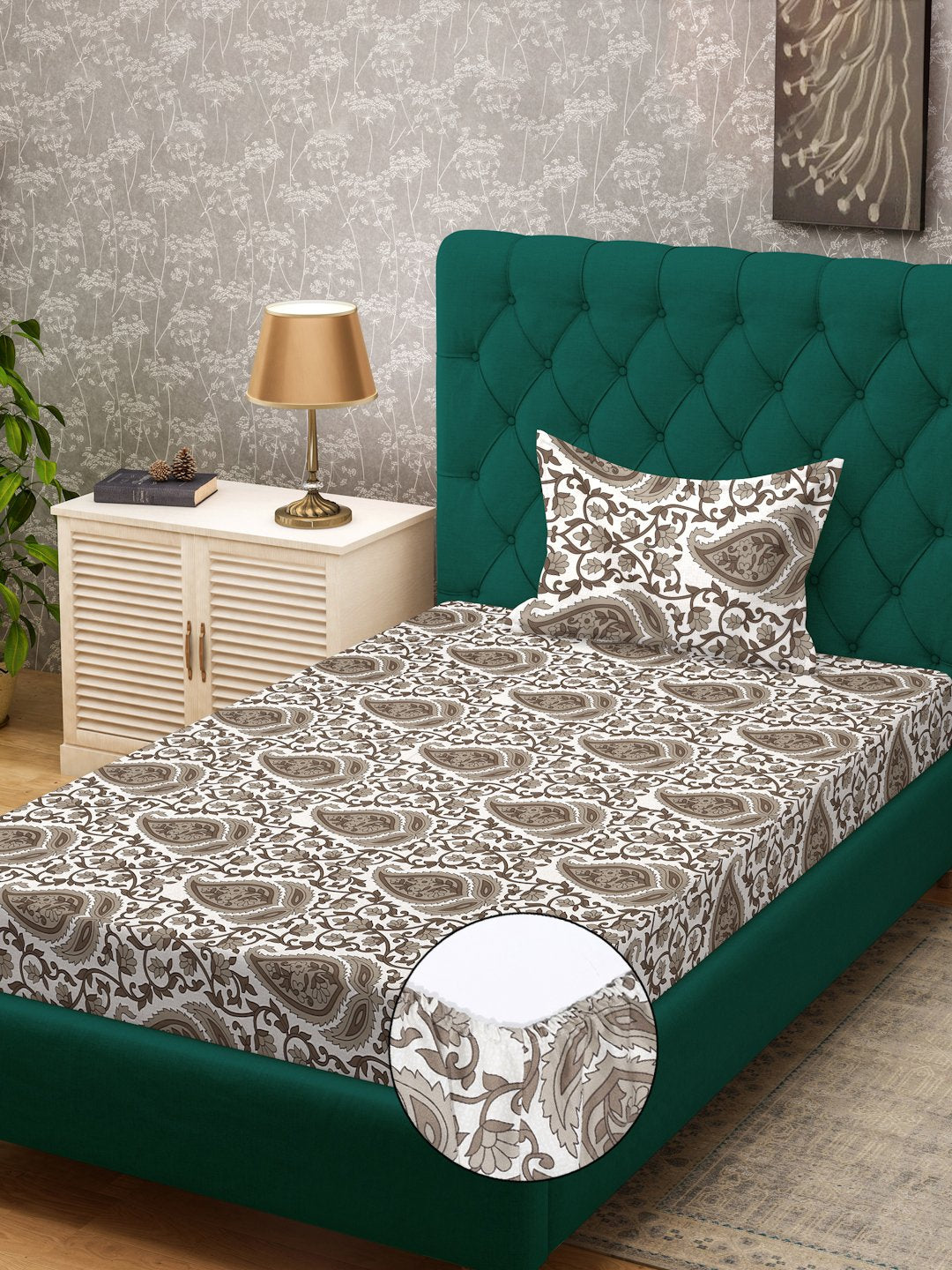 Begie Floral 300 TC Cotton Blend Fitted Single Bedsheet Set in Book Fold Packing