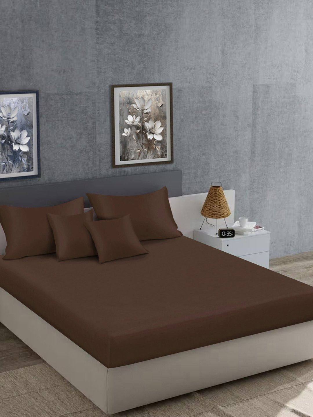 Brown Solid 400 TC Satin Super King Double Bedsheet with 2 Pillow Covers & 2 Cushion Covers