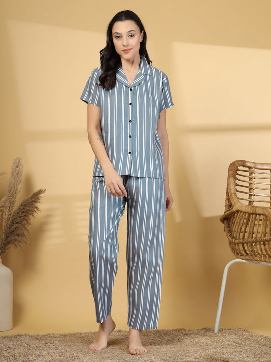 Women Grey Striped Cotton Blend Night Suit