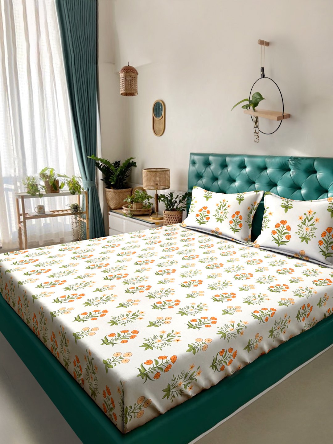 Cream Floral 300 TC Cotton Blend Double Bedsheet with 2 Pillow Covers