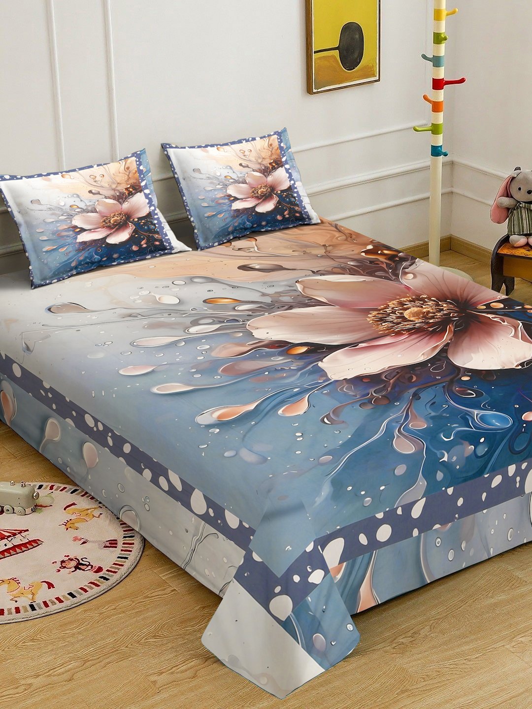 Blue Digital Floral Printed Cotton Blend Double Bedsheet with 2 Pillow Covers