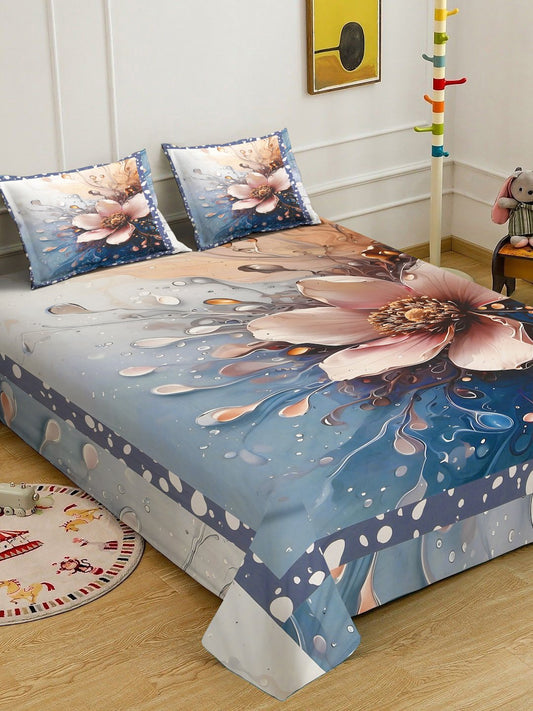Blue Digital Floral Printed Cotton Blend Double Bedsheet with 2 Pillow Covers